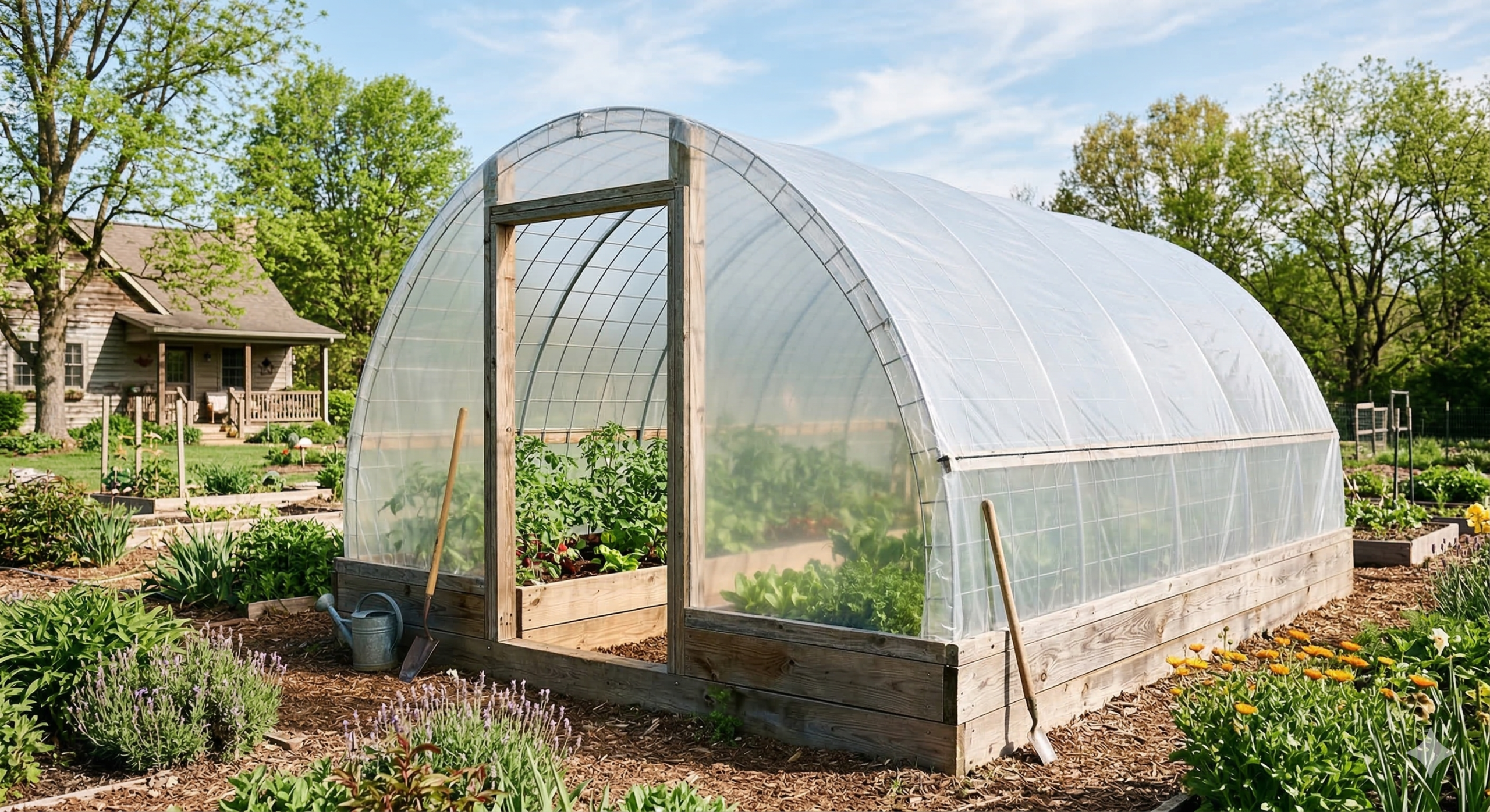 A DIY cattle panel greenhouse with a sturdy wooden base and arched mesh frame, located in a sunny backyard garden.